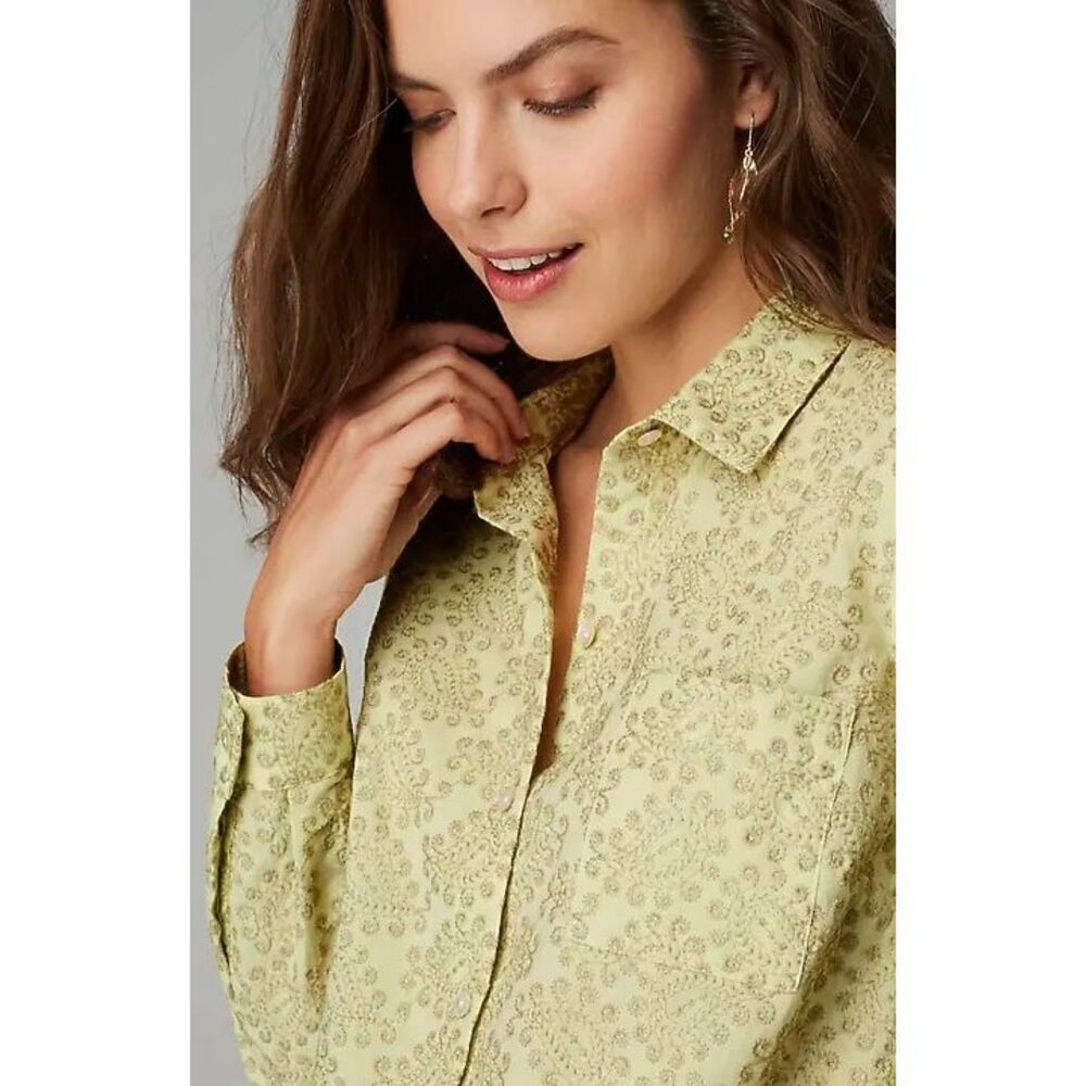 J Jill One Pocket Shirred Back Embroidered Paisley Shirt size M Green Button Fro